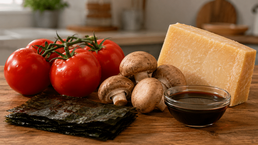 Продукти зі смаком умамі: помідори, гриби, пармезан, морські водорості та соєвий соус