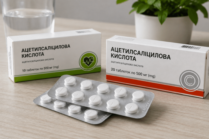 Таблетки ацетилсаліцилової кислоти у блістері поруч із коробками на світлому столі
