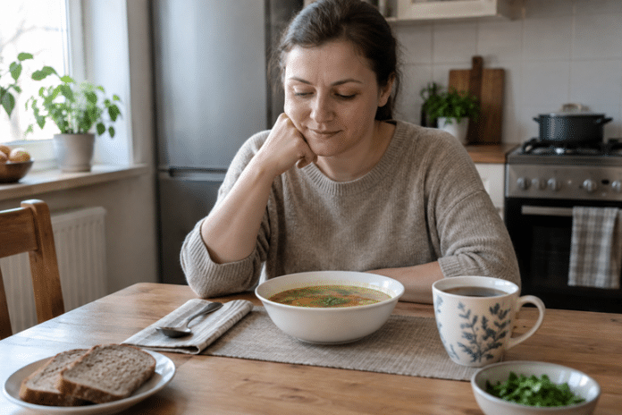Людина за кухонним столом чекає, поки суп і чай трохи охолонуть